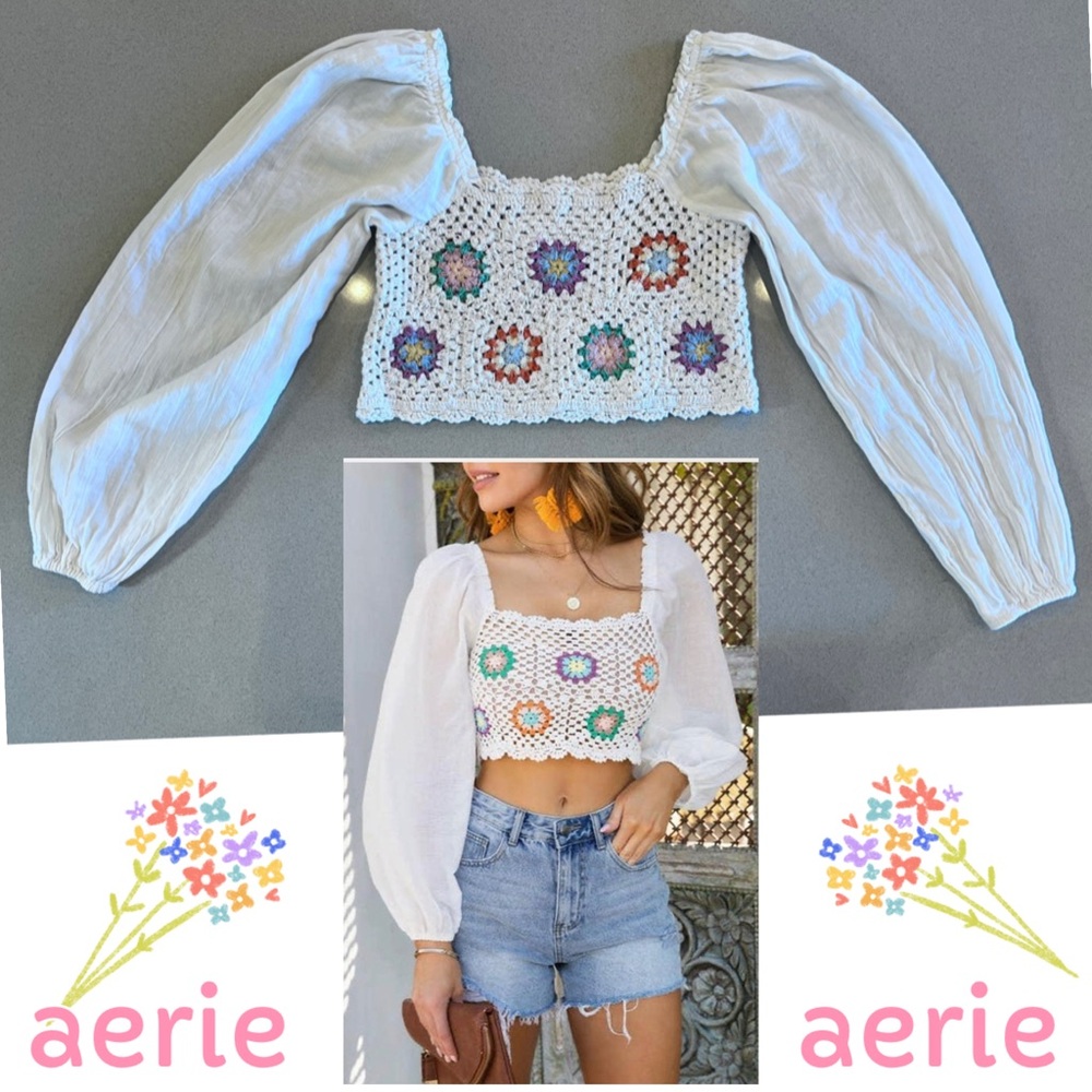 Aerie Crochet Vacay Floral Crop Top Boho Puff Sleeve 100% Cotton Sz XS
